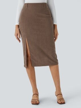 HALARA Brown Corduroy Midi Skirt with Front Slit